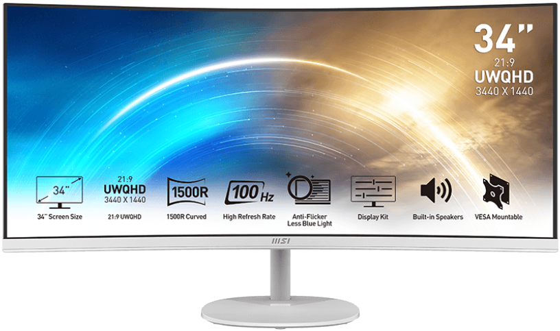 MSI PRO MP341CQW 34inch 100Hz UWQHD VA Curved Business Monitor, White