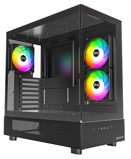 Montech XR Black Mid Tower ATX Case, Tempered Glass Panels, NO PSU