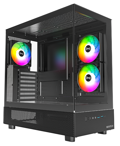 Montech XR Black Mid Tower ATX Case, Tempered Glass Panels, NO PSU